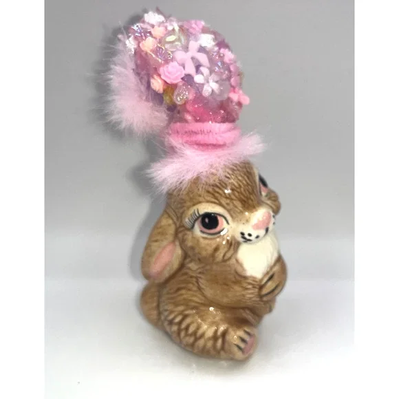 Vintage Ceramic Sitting Pretty Easter Bunny Poof Faux Fur Flower Hat Deb O. OOAK - Picture 5 of 16